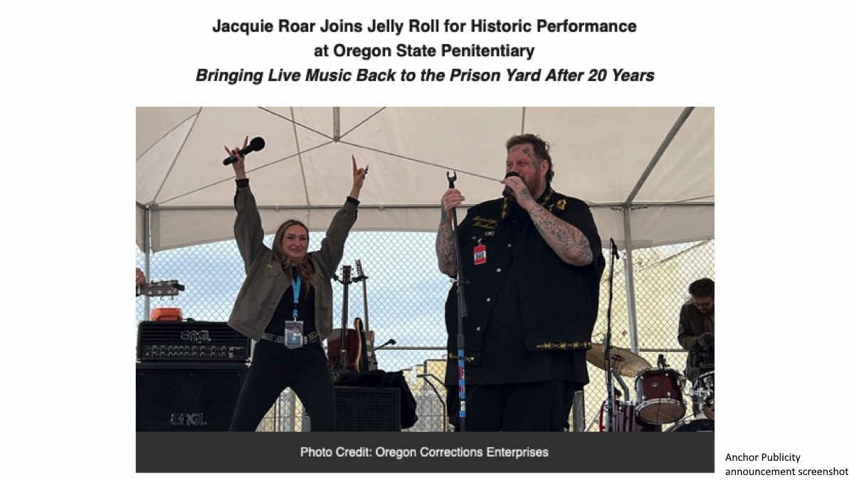 Jacquie Roar Joins Jelly Roll for Historic Performance at Oregon State Penitentiary