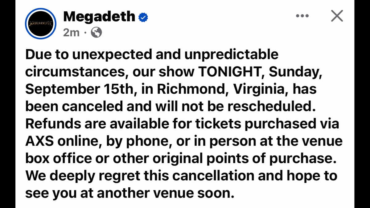 Megadeth Cancel Concert A Few Hours Before It Was To Start